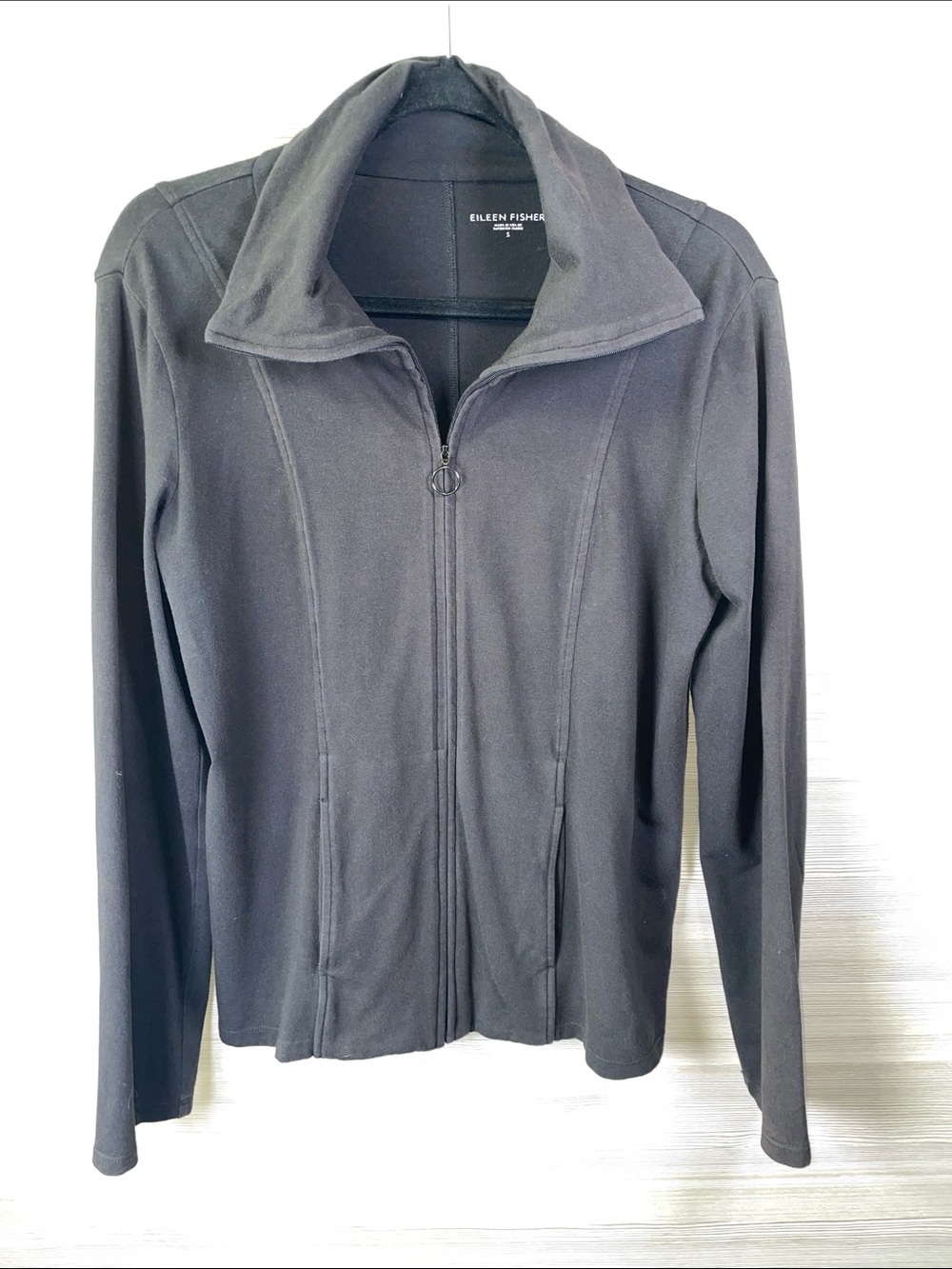 Eileen Fisher Cotton Funnel Neck Black Full-Zip Size Small